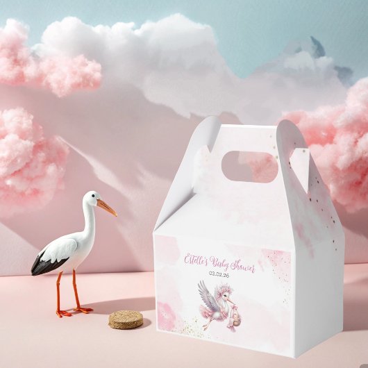 Pink Stork and Cloud Girl Baby Shower Favor Box  Geschenkschachtel