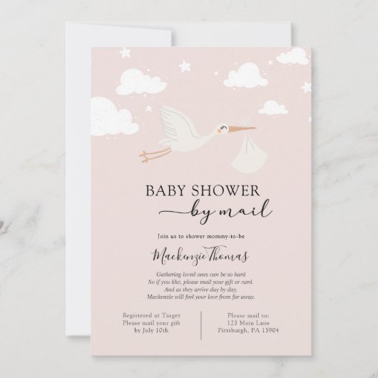 Pink Stork Baby Dusche by Mail Einladung (Vorderseite)