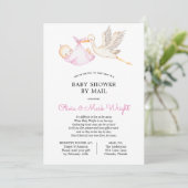 Pink Stork Baby Dusche by Mail Einladung (Stehend Vorderseite)