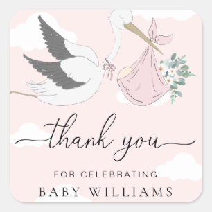 Pink Stork Baby Dusche Danke Quadratischer Aufkleber