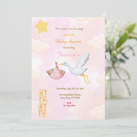Pink Stork Baby Dusche Einladung (Stehend Vorderseite)