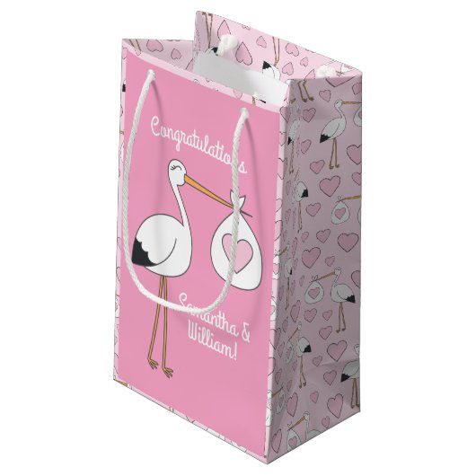 Pink Stork Baby Dusche Kleine Geschenktüte (Rückseite Schrägansicht)