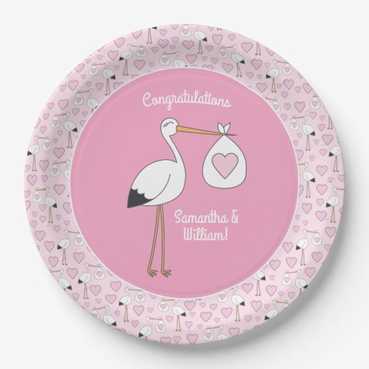 Pink Stork Baby Dusche Pappteller (Vorderseite)