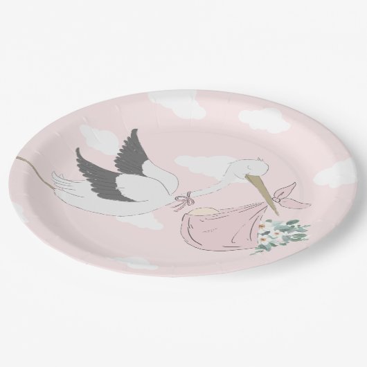 Pink Stork Baby Dusche Pappteller (Schrägansicht)