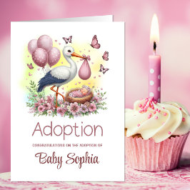 Pink Stork Baby Girl Adoption Gratulation Karte