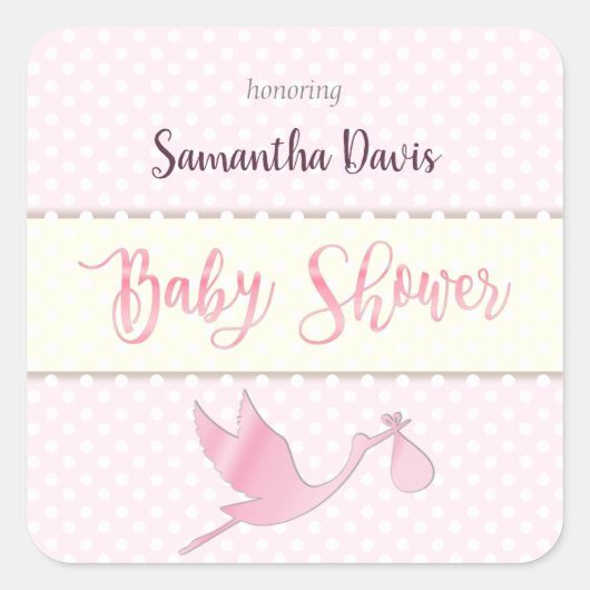 Pink Stork Baby Girl Babydusche Quadratischer Aufkleber (Vorderseite)