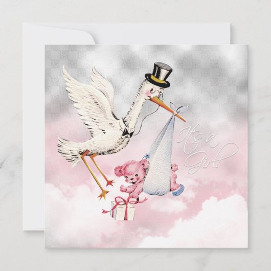 Pink Stork Baby Girl Dusche Einladung (Vorderseite)