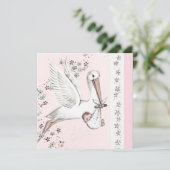 Pink Stork Baby Girl Dusche Einladung (Stehend Vorderseite)