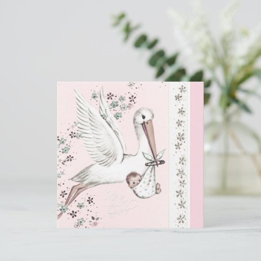 Pink Stork Baby Girl Dusche Einladung (Stehend Vorderseite)