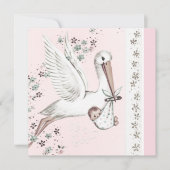 Pink Stork Baby Girl Dusche Einladung (Vorderseite)
