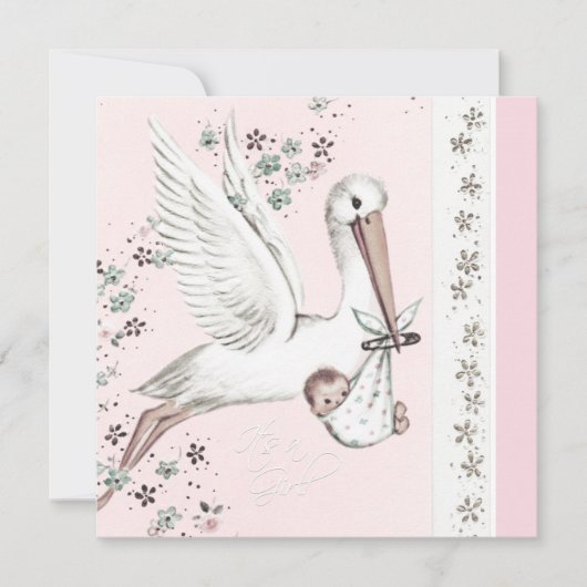 Pink Stork Baby Girl Dusche Einladung (Vorderseite)