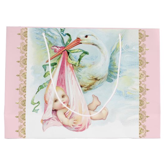 Pink Stork Baby Girl Große Geschenktüte (Rückseite)