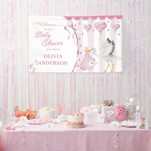 Pink Stork Baby Shower Cute Custom Banner (Party)