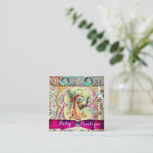 PINK STORK BABY SHOWER, GEMSTONEN, BLUMENBAUMUSTER QUADRATISCHE VISITENKARTE (Stehend Vorderseite)