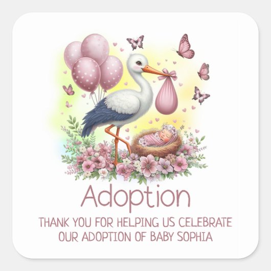 Pink Stork Girl Adoption Kinderdusche Danke Quadratischer Aufkleber (Vorderseite)