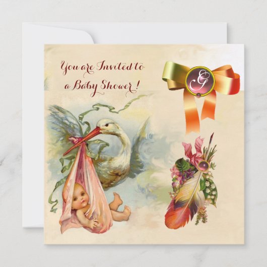 PINK STORK GIRL BABY DUSCHE, GEMSTONE MONOGRAM EINLADUNG (Vorderseite)