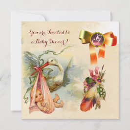 PINK STORK GIRL BABY DUSCHE, GEMSTONE MONOGRAM EINLADUNG