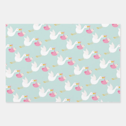Pink Stork Girl Babydusche Geschenkpapier Set (Vorderseite 3)