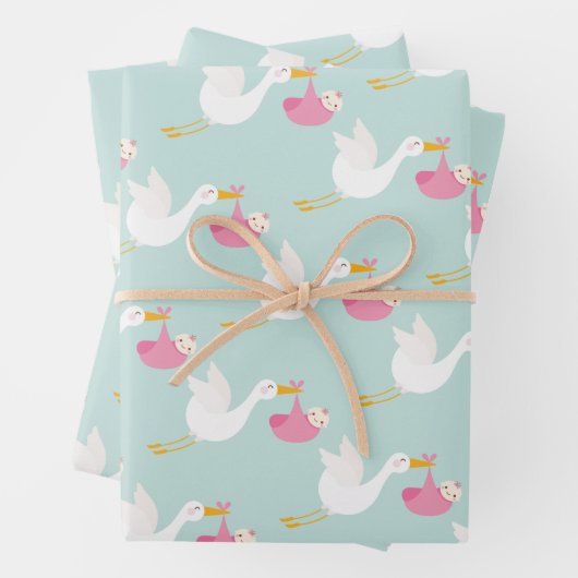 Pink Stork Girl Babydusche Geschenkpapier Set (Beispiel)