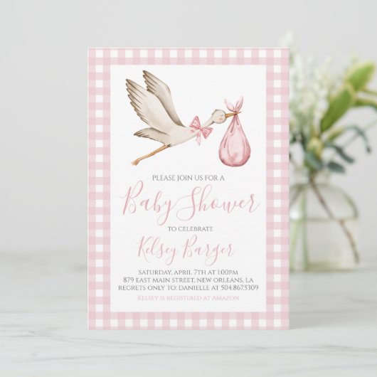 Pink Stork Girl Preppy Southern Baby Dusche Einladung (Stehend Vorderseite)