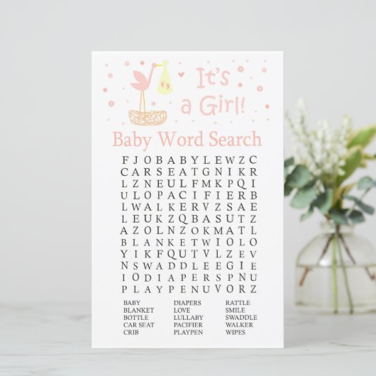 Pink Stork Nest Baby Dusche Word Search Game (Stehend Vorderseite)