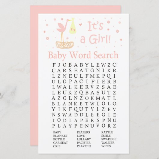 Pink Stork Nest Baby Dusche Word Search Game (Vorne/Hinten)