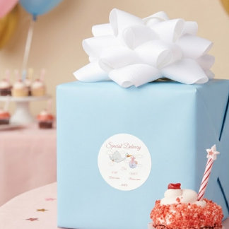 Pink Stork Special Delivery Baby Shower Runder Aufkleber