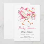 Pink Stork With Baby Einladung (Vorne/Hinten)