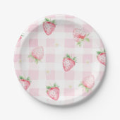 Pink Strawberries Gingham Berry First 1st Birthday Pappteller (Vorderseite)