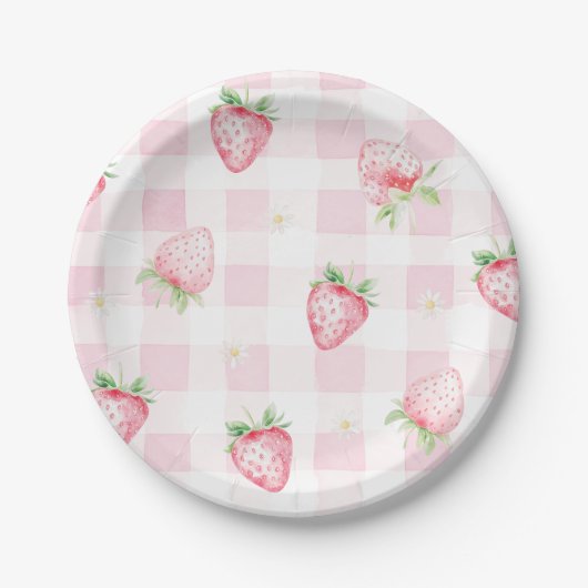 Pink Strawberries Gingham Berry First 1st Birthday Pappteller (Vorderseite)