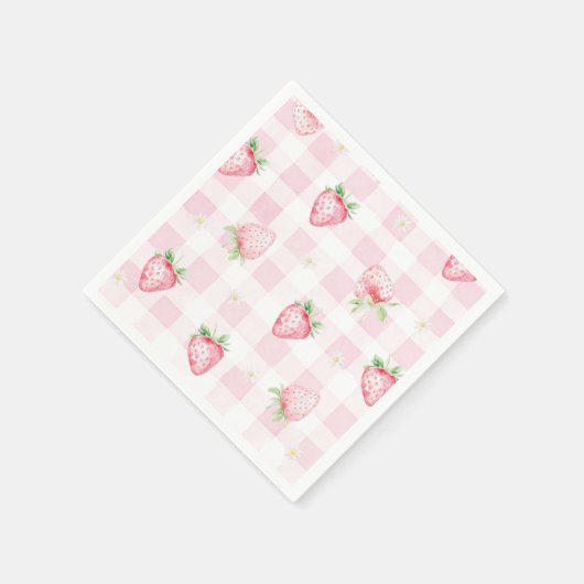 Pink Strawberries Gingham Berry First 1st Birthday Serviette (Ecke)