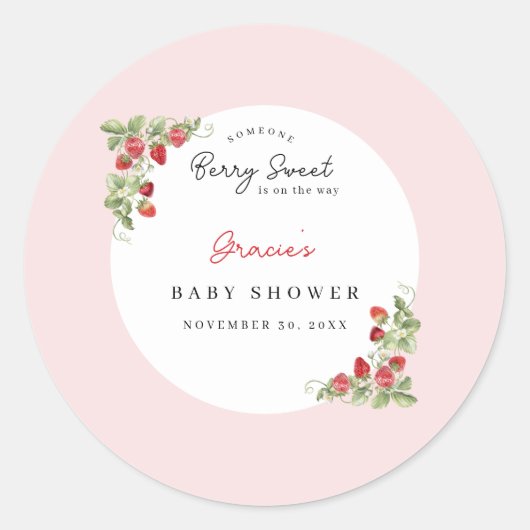 Pink Strawberry Baby Shower Runder Aufkleber (Vorderseite)