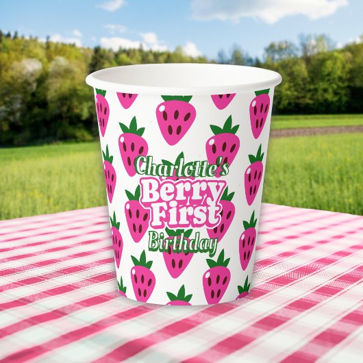 Pink Strawberry Berry First Birthday  Pappbecher