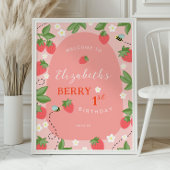 Pink Strawberry Berry First Birthday Welcome Poster