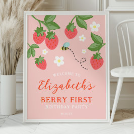 Pink Strawberry Berry First Birthday Welcome Poster