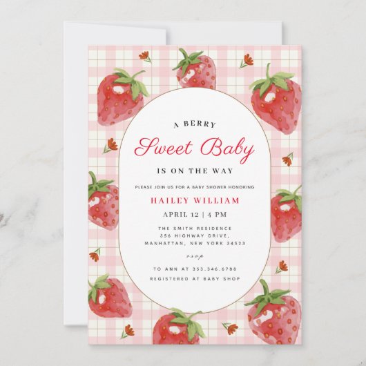 Pink Strawberry Berry Sweet Gingham Baby Dusche Einladung (Vorderseite)