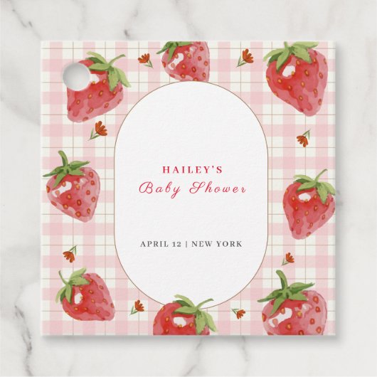 Pink Strawberry Berry Sweet Gingham Baby Dusche Geschenkanhänger (Vorderseite)