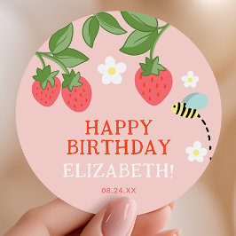 Pink Strawberry Birthday Party Favor Thank you Runder Aufkleber