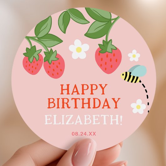 Pink Strawberry Birthday Party Favor Thank you Runder Aufkleber
