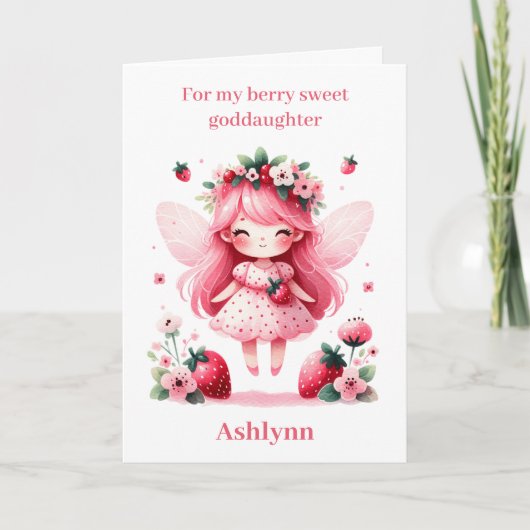 Pink Strawberry Fairy Berry Birthday Godtochter Karte (Vorderseite)