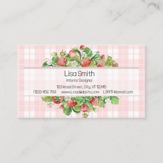 Pink Strawberry Gingham Business Card  Visitenkarte (Vorderseite)