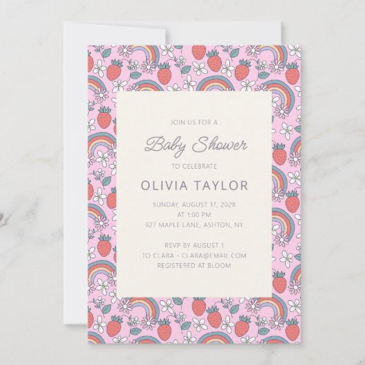 Pink Strawberry Rainbow Retro Baby Shower Einladung (Vorderseite)