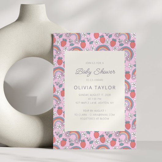 Pink Strawberry Rainbow Retro Baby Shower Einladung