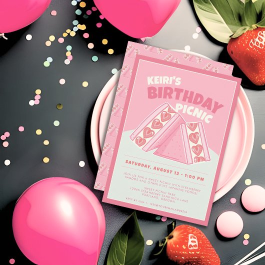 Pink Strawberry Sandwich Birthday Picnic Party Einladung