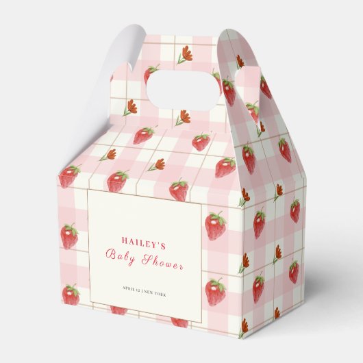 Pink Strawberry Sweet Gingham Baby Dusche Geschenkschachtel (Vorderseite)