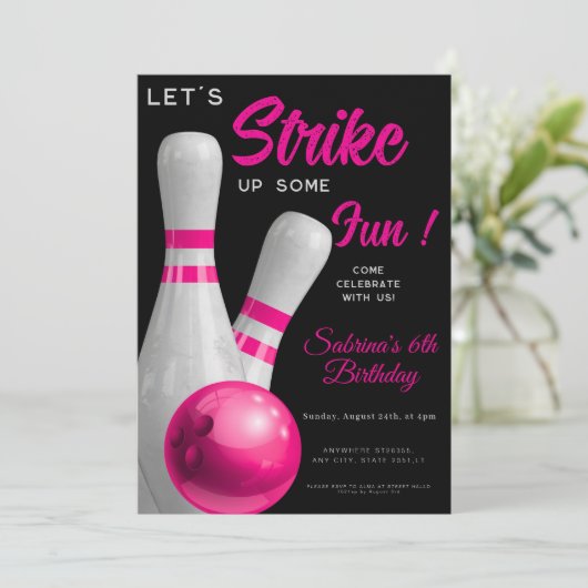 Pink Strike - Lass bowling Geburtstag feiern Einladung (Stehend Vorderseite)