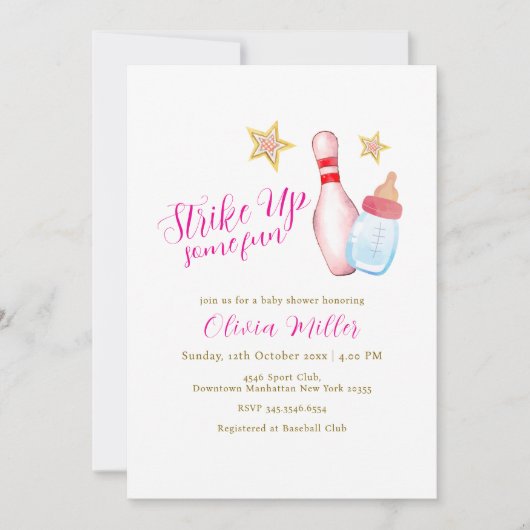 Pink Strike Up Some Fun Bowling Sport Baby Shower Einladung (Vorderseite)