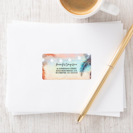 Pink String Lights Beach Wedding Adressaufkleber (Insitu)