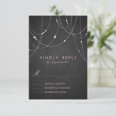 Pink String Lights Chalkboard Wedding RSVP Card Karte (Stehend Vorderseite)