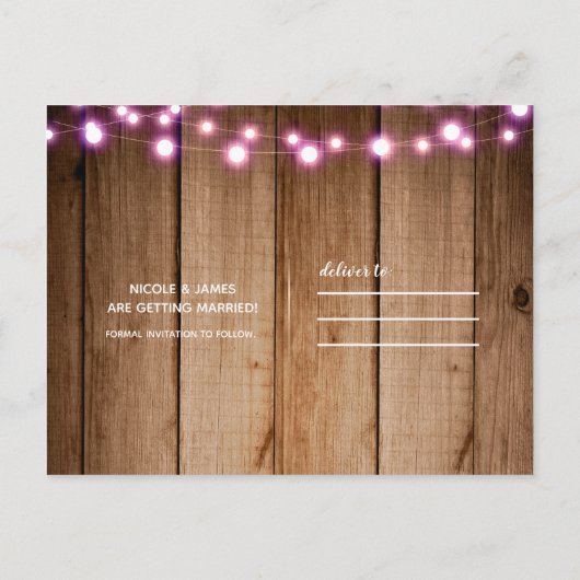 Pink String Lights & Mason Jar Barn Save the Date Ankündigungspostkarte (Rückseite)